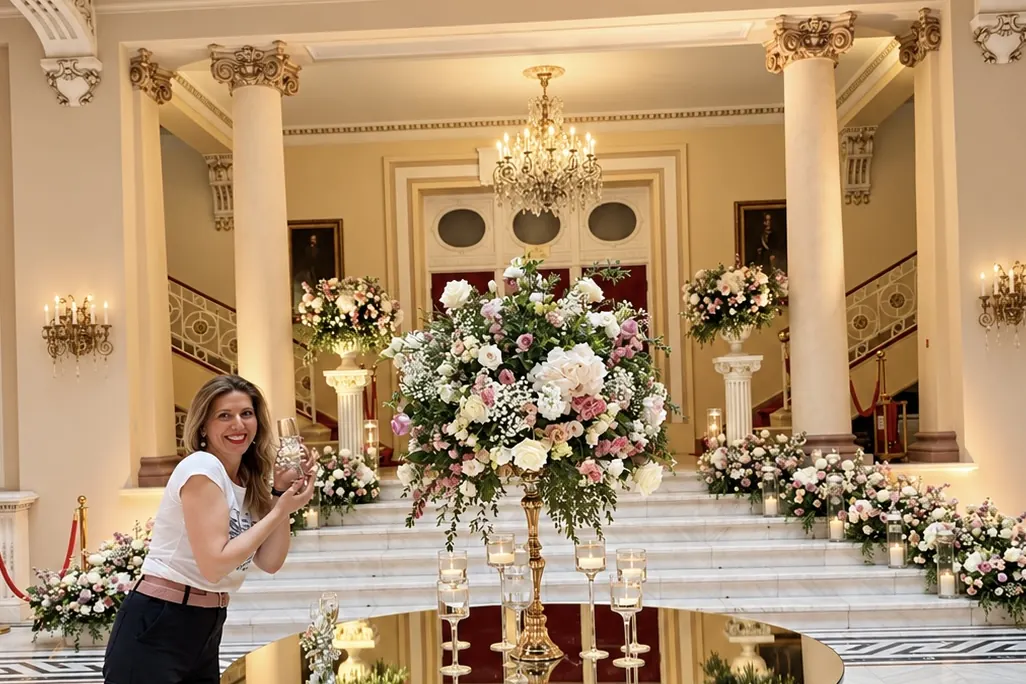 Alice Bucura în holul Cazinoului din Sinaia, lângă o masă aurie cu flori